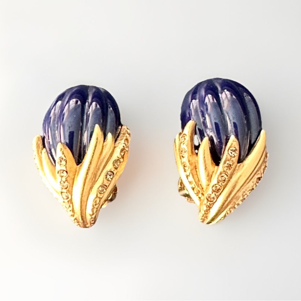 VTG Oscar de la Renta Gold Blue Clip-On Earrings Textured Cabochons Rhinestones